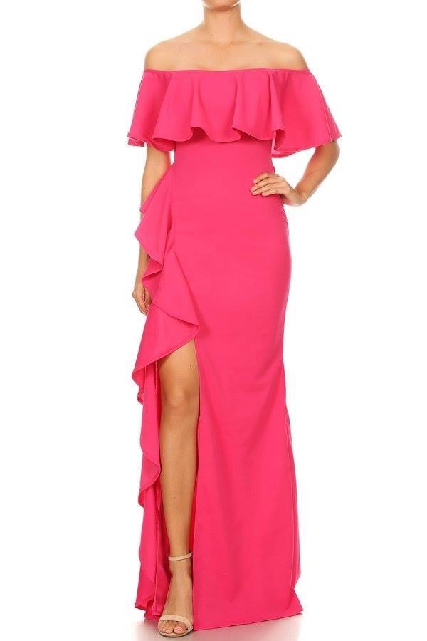 'Gwyneth' Fuchsia Off Shoulder Slit Gown