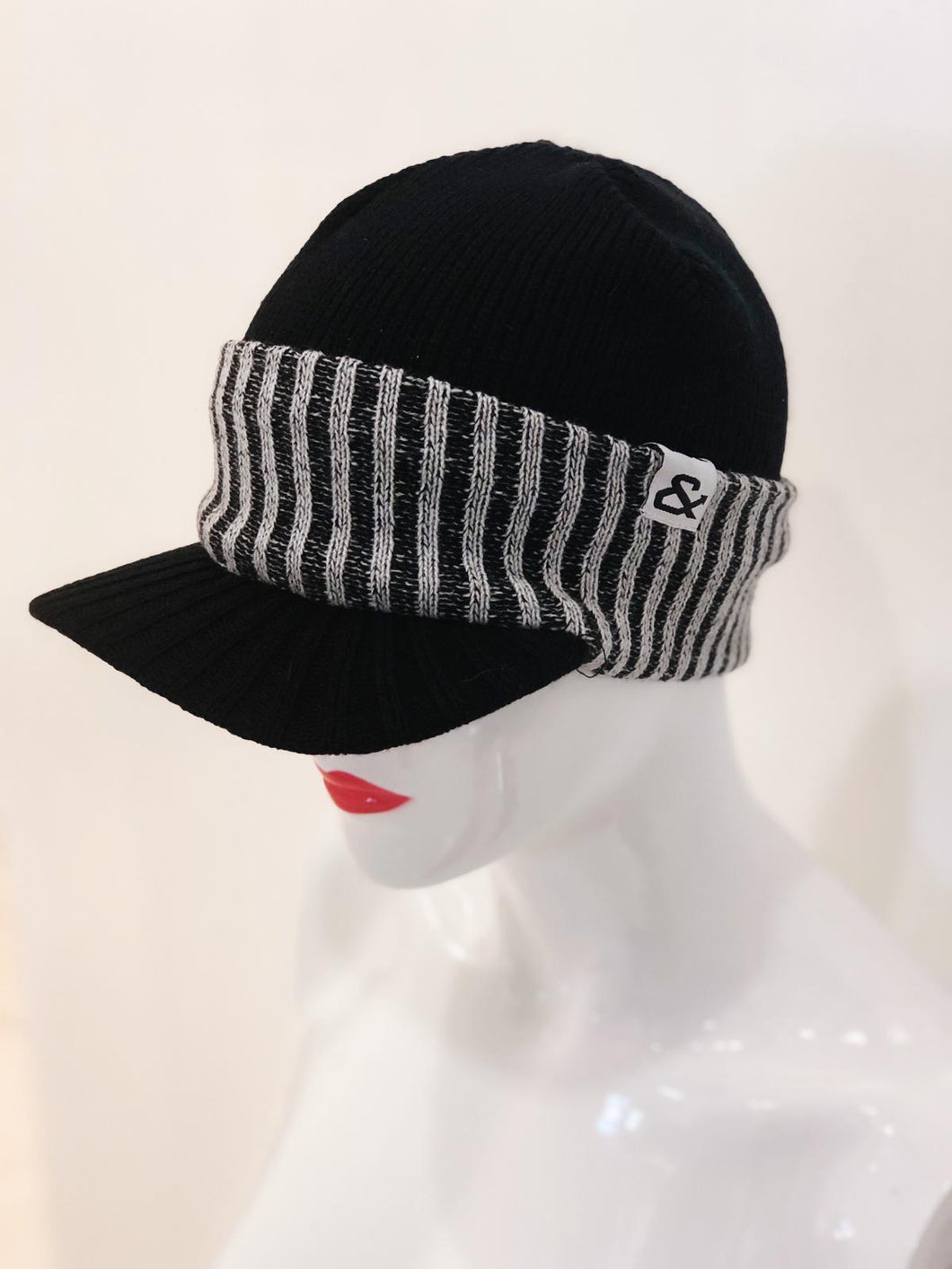 'Peyton' Black Striped Visor Beanie